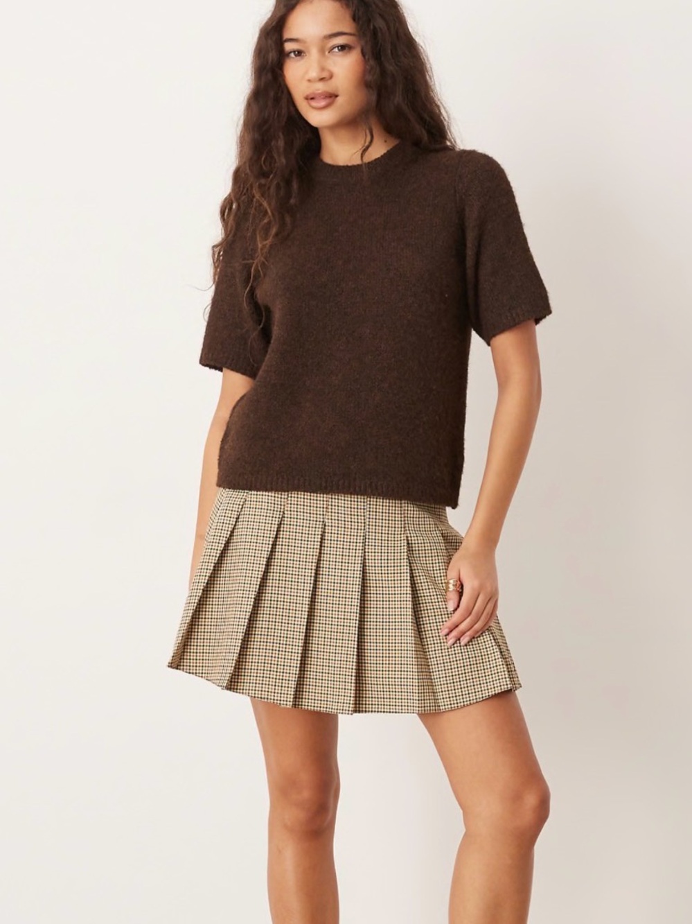 ASOS Plaid Pleated Mini Skirt in Beige and Black